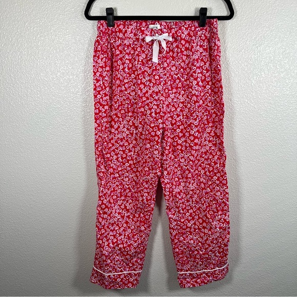 J. Crew Red 100% Cotton Lounge Pants with Pink Heart Pattern Women’s Small - Picture 2 of 8